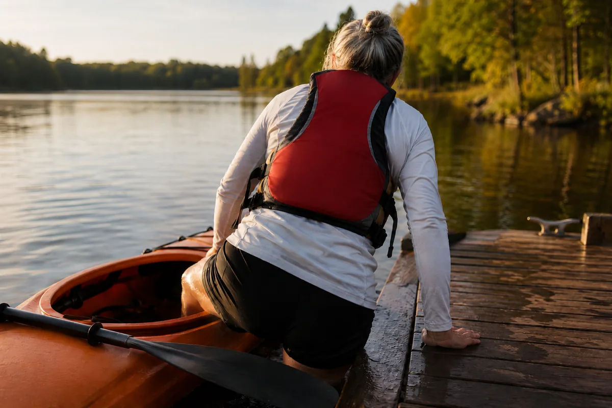 A woman climbs out of a kayak onto a wooden lake dock at golden hour
