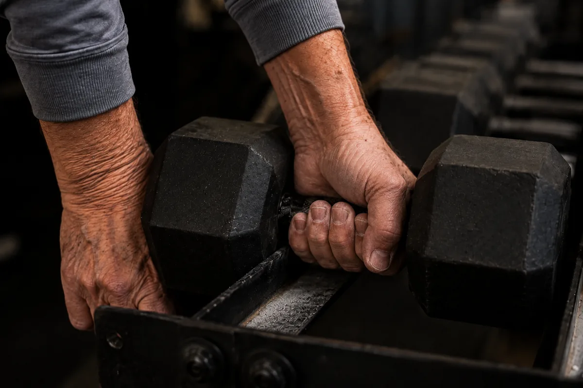 Close-up of weathered hands lifting a rubber hex dumbbell from a rack